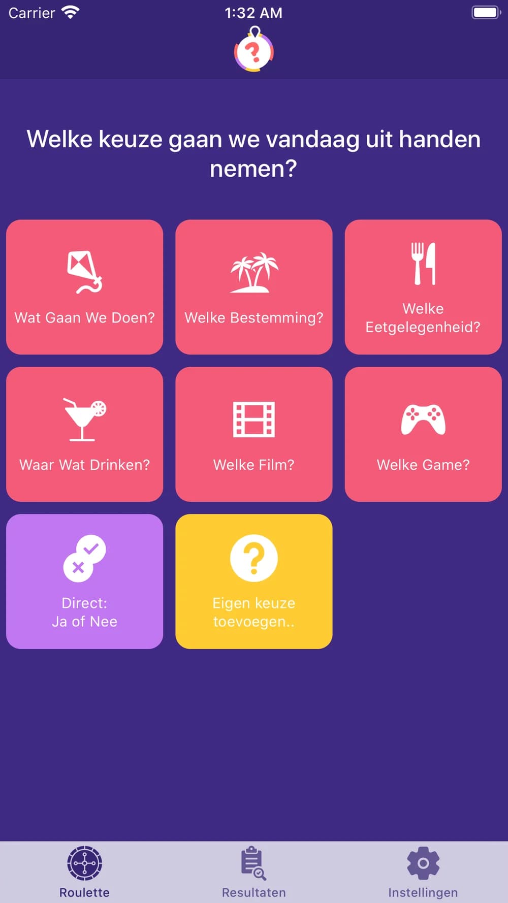 Home screen with the choice categories