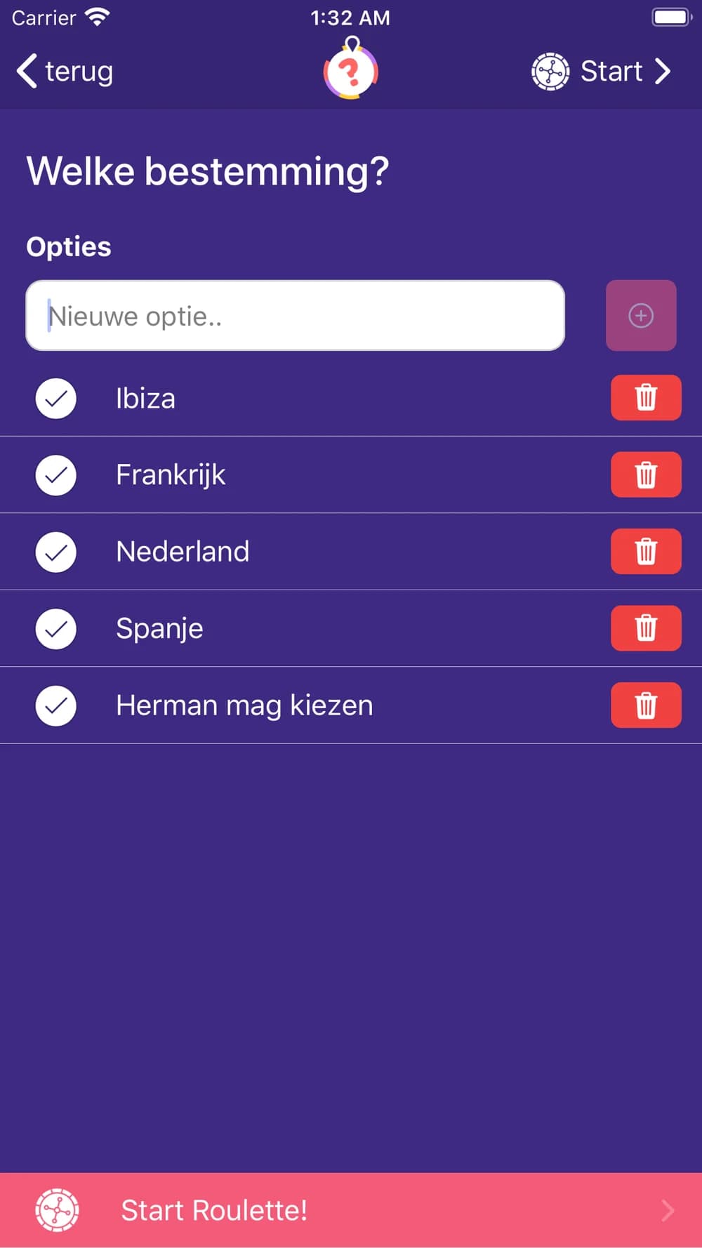 Entering options for a destination