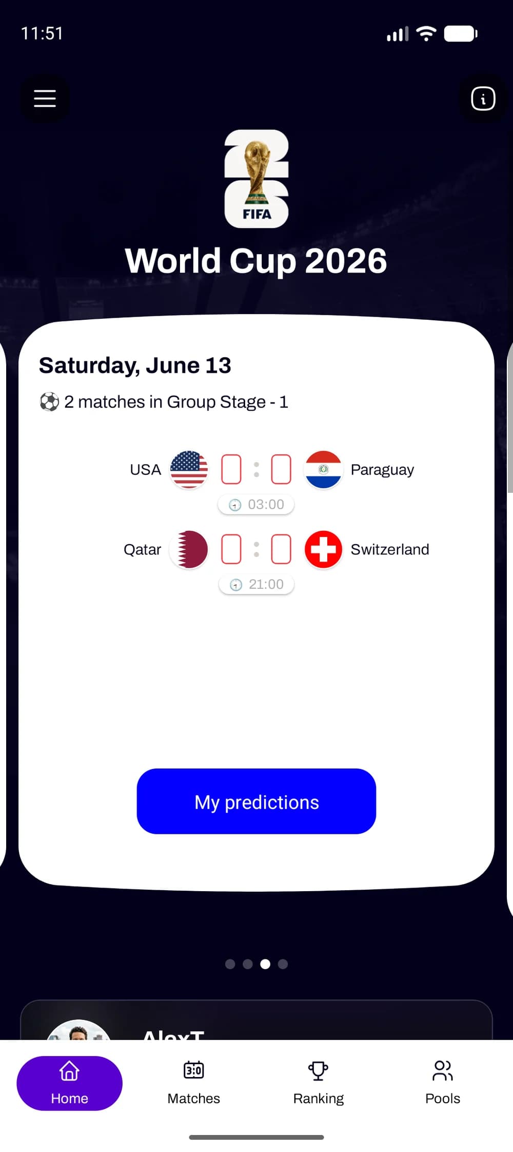 Home screen with the matches of the current round