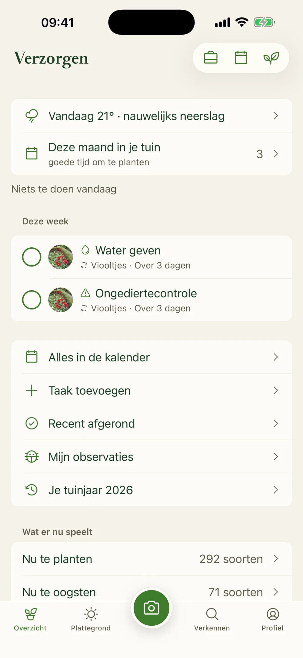 Overview with this week's tasks and today's weather