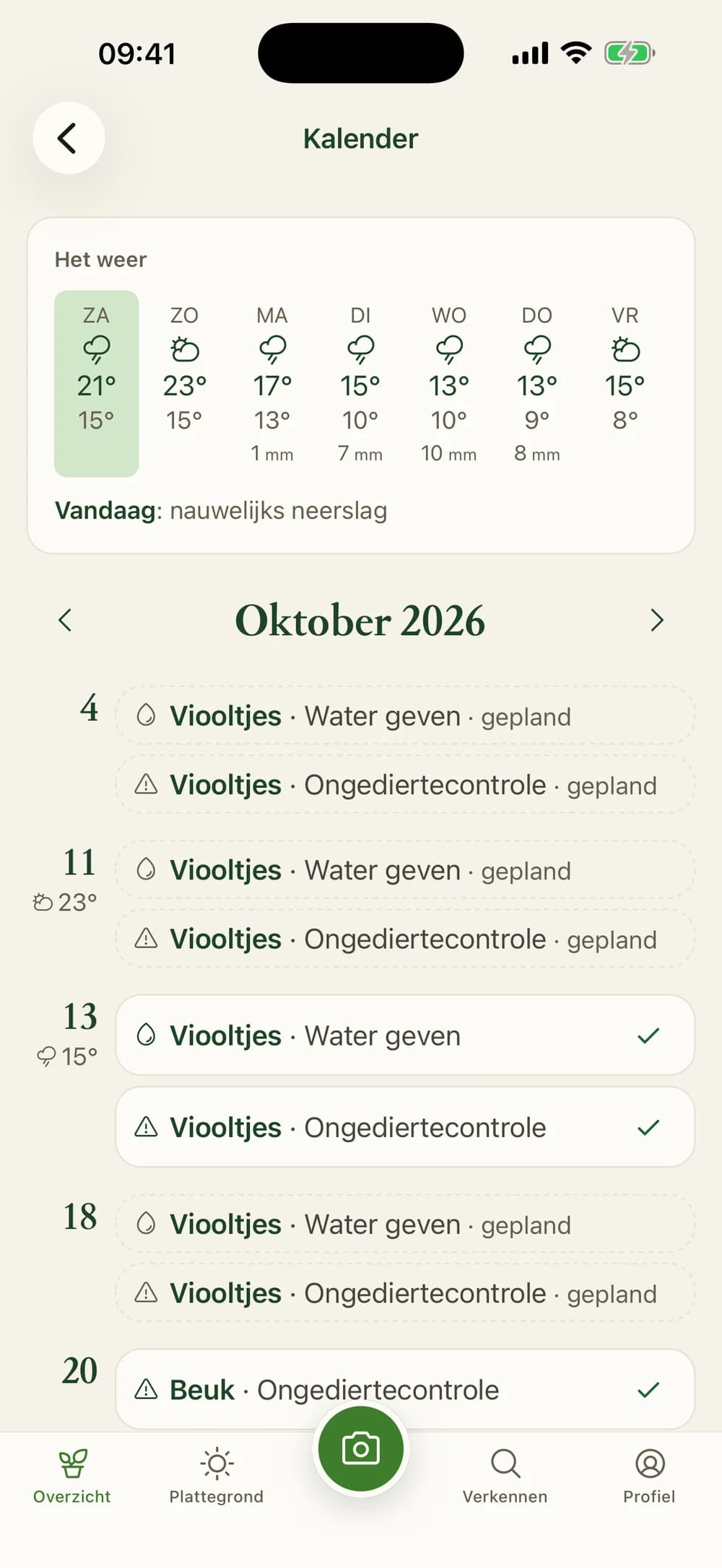Calendar with tasks and the weather forecast
